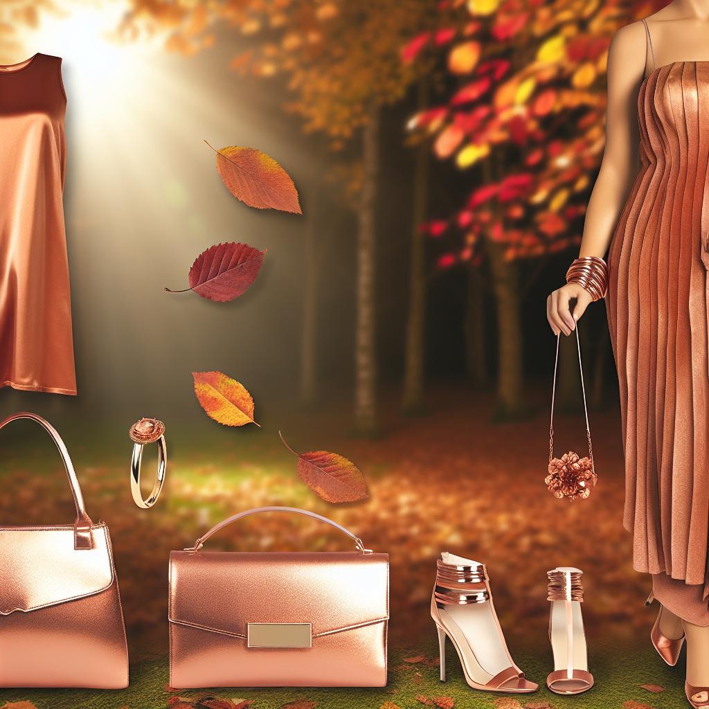 "Ein fotorealistisches Bild, das eine stilvolle Herbstszene zeigt, in der eine Frau in einem kupferfarbenen Kleid steht. Sie kombiniert ihr Outfit mit eleganten kupferfarbenen Accessoires wie einer Tasche, Schmuck und Schuhen. Der Hintergrund ist ein herbstlicher Park mit bunten Blättern in warmen Farben, die das Thema der Jahreszeit unterstreichen. Die Beleuchtung ist weich und warm, um eine gemütliche Herbstatmosphäre zu schaffen."