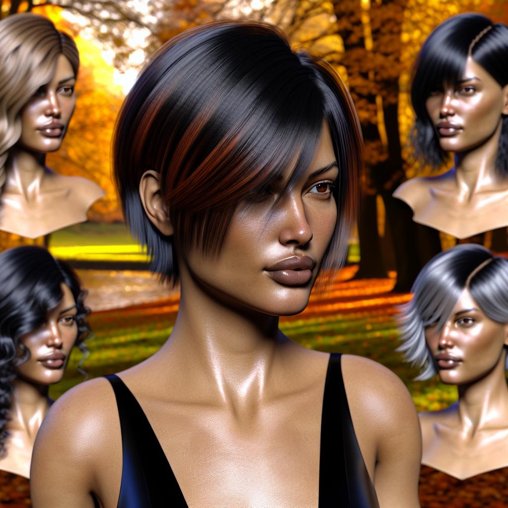 Fotorealistisches Bild einer stilvollen Frau mit verschiedenen Trend-Haarschnitten für den Herbst 2023, darunter ein moderner Bob mit sanften Wellen, ein mutiger Pixie Cut, lange gestufte Haare, ein lässiger Shag Cut und eine Frisur mit fransigen Pony. Die Frau steht in einem herbstlichen Park mit farbenfrohen Blättern; das Bild vermittelt ein Gefühl von Veränderung und Stil. Hochwertige Beleuchtung, um die Haarfarben und Texturen lebendig einzufangen.