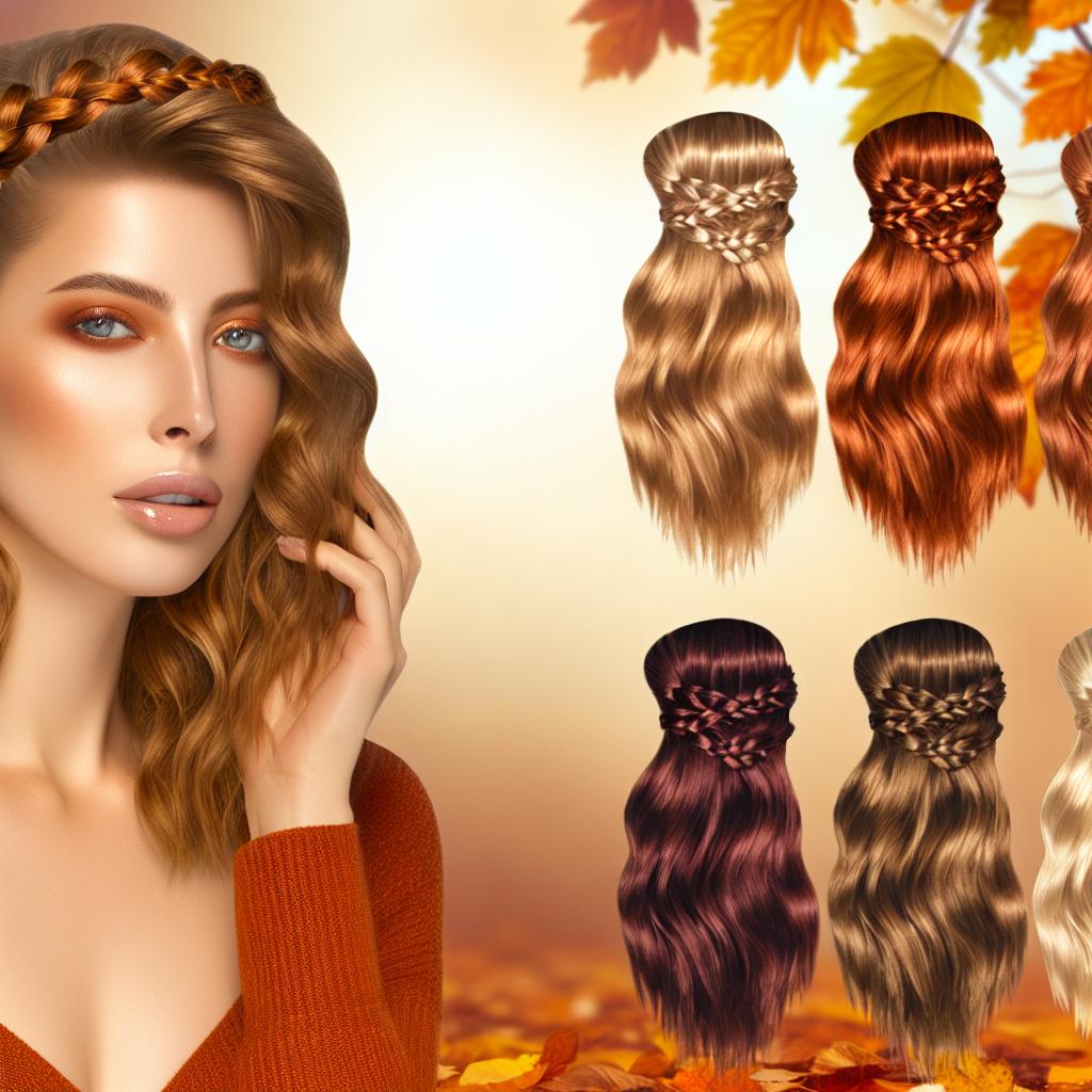 Fotorealistisches Bild einer Frau mit herbstlichen Haarfarben, die warmen Kupfer- und Schokoladenbrauntöne, sowie Pflaume und Honigblond in einem eleganten, lässigen Hairstyling zeigt. Sie hat tousled waves, geflochtene Zöpfe und einen seitlichen Pony. Die Szenerie sollte von herbstlichen Blättern umgeben sein, mit einem warmen, goldenen Licht, das die Atmosphäre der goldenen Jahreszeit widerspiegelt.