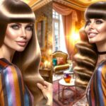 Fotorealistisches Bild einer stilvollen Frau mit Curtain Bangs, die modern und retro zugleich aussieht. Sie hat seidiges, welliges Haar, das sanft in einem warmen Licht strahlt, während sie in einem eleganten Raum steht, der die Ästhetik der 70er Jahre widerspiegelt. Der Hintergrund zeigt nostalgische Elemente wie Vintage-Möbel und farbenfrohe Dekoration. Die Frau lächelt selbstbewusst und trägt ein modisches Outfit, das den Charme der Retro-Mode unterstreicht. Die Bildkomposition soll die Vielseitigkeit und den Glamour der Curtain Bangs betonen.