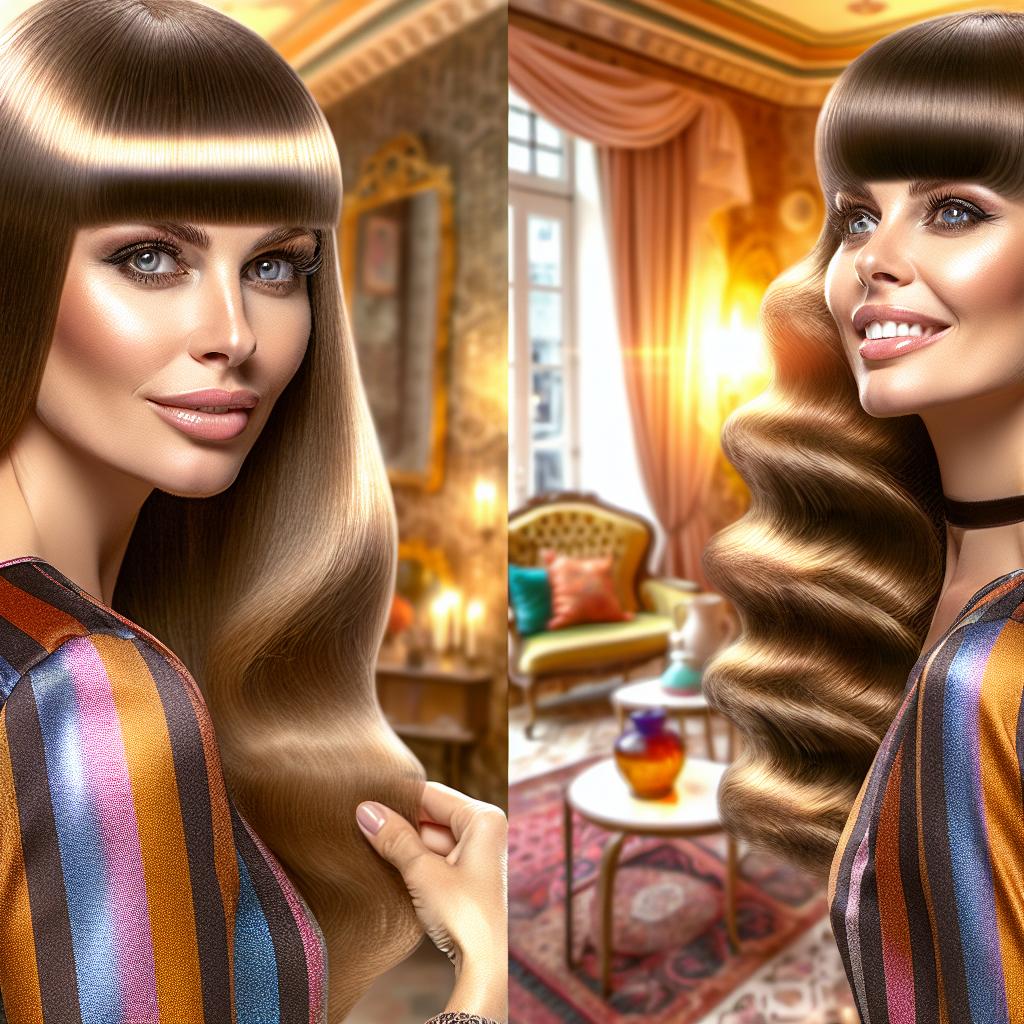 Fotorealistisches Bild einer stilvollen Frau mit Curtain Bangs, die modern und retro zugleich aussieht. Sie hat seidiges, welliges Haar, das sanft in einem warmen Licht strahlt, während sie in einem eleganten Raum steht, der die Ästhetik der 70er Jahre widerspiegelt. Der Hintergrund zeigt nostalgische Elemente wie Vintage-Möbel und farbenfrohe Dekoration. Die Frau lächelt selbstbewusst und trägt ein modisches Outfit, das den Charme der Retro-Mode unterstreicht. Die Bildkomposition soll die Vielseitigkeit und den Glamour der Curtain Bangs betonen.