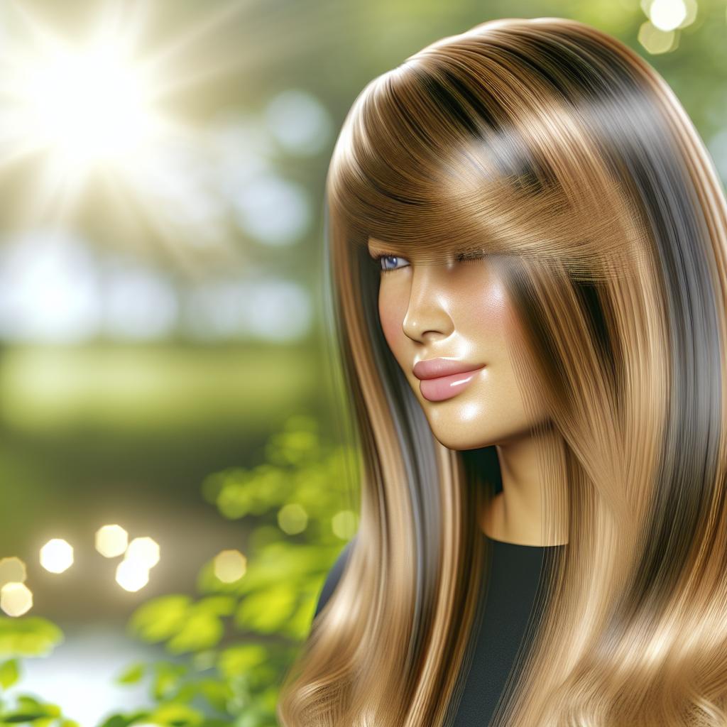"Fotorealistisches Bild einer Frau mit langem, glänzendem Haar, die einen Balayage-Haarschnitt trägt. Ihr Haar zeigt sanfte, natürliche Highlights in warmen Blond- und Karamelltönen, die einen sonnenverwöhnten Look verleihen. Sie steht im Freien, umgeben von einer ruhigen, natürlichen Umgebung, mit Sonnenlicht, das durch die Blätter fällt und die Farbnuancen ihres Haares betont. Der Fokus liegt auf ihrem strahlenden Gesicht und dem wunderschönen Haar, das die kunstvolle Balayage-Technik zur Geltung bringt."