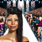 Fotorealistisches Bild einer Frau mit trendiger Frisur bei der New York Fashion Week, die den Wet-Look präsentiert. Sie steht auf dem Laufsteg, umgeben von Model- und Modeenthusiasten. Der Hintergrund ist ein lebhaftes, glitzerndes Publikum, das die neuesten Haar- und Mode-Trends bewundert. Die Frau hat glänzendes, nass aussehendes Haar, kombiniert mit dezentem Make-up und einem eleganten Outfit. Das Bild sollte die Aufregung und den Glamour der Fashion Week vermitteln, mit einem Fokus auf haartechnische Details und die Atmosphäre der Veranstaltung.