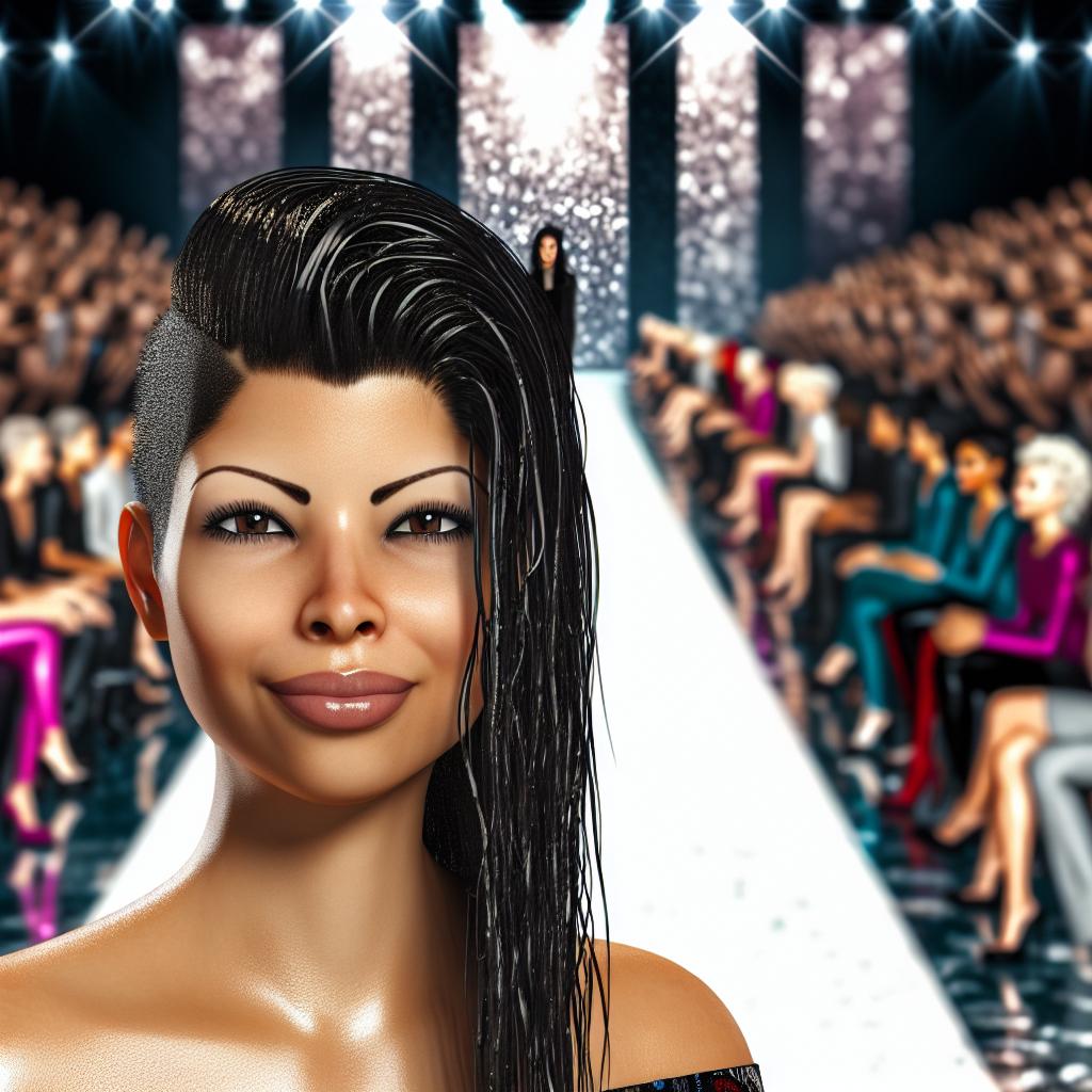 Fotorealistisches Bild einer Frau mit trendiger Frisur bei der New York Fashion Week, die den Wet-Look präsentiert. Sie steht auf dem Laufsteg, umgeben von Model- und Modeenthusiasten. Der Hintergrund ist ein lebhaftes, glitzerndes Publikum, das die neuesten Haar- und Mode-Trends bewundert. Die Frau hat glänzendes, nass aussehendes Haar, kombiniert mit dezentem Make-up und einem eleganten Outfit. Das Bild sollte die Aufregung und den Glamour der Fashion Week vermitteln, mit einem Fokus auf haartechnische Details und die Atmosphäre der Veranstaltung.