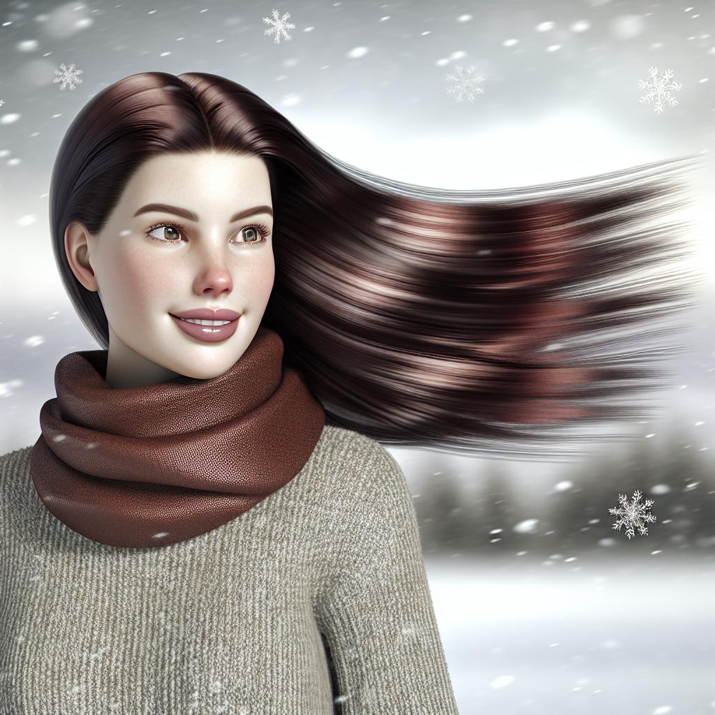 Ein stilvolles, fotorealistisches Bild, das eine Frau mit glänzendem, tiefem schokoladenbraunem Haar zeigt, das sanft im Winterwind weht. Der Hintergrund zeigt eine verschneite Winterlandschaft mit sanften, weißen Schneeflocken, die fallen. Die Frau trägt einen eleganten, warmen Strickpullover in gedeckten Farben und einen schlichten Schal. Ihr Gesichtstraum strahlt Zufriedenheit aus, während sie den kühlen Wintertag genießt. Die Komposition soll die warme, gemütliche Atmosphäre des Winters und die Schönheit der Haarfarbe betonen.