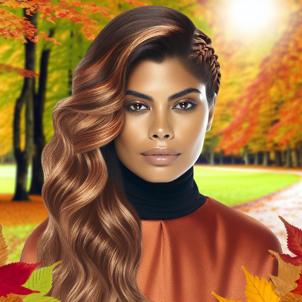 "Ein fotorealistisches Bild einer attraktiven Frau mit herbstlich gefärbten Haaren in warmen Tönen wie Pumpkin Spice, Kastanienbraun und Karamell-Honey. Sie trägt einen eleganten, entspannten Look mit lockeren Wellen und einem modischen Seitenzopf, umgeben von bunten Herbstblättern. Die Szenerie zeigt einen malerischen Park im Herbst, mit goldenen und roten Blättern auf dem Boden und warmem Sonnenlicht, das durch die Bäume scheint, um eine gemütliche, saisonale Atmosphäre zu schaffen."