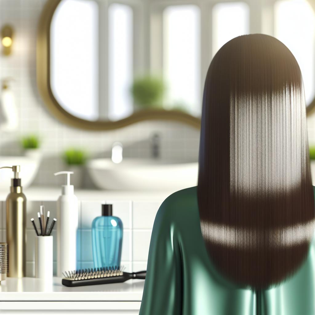 Ein fotorealistisches Bild einer Person mit langen, welligen Haaren, die die Balayage-Technik zeigt. Die Haare sollten sanfte, natürliche Highlights in goldenen und karamellfarbenen Nuancen haben, die den Eindruck erwecken, als wären sie von der Sonne geküsst. Die Person steht in einem hellen, einladenden Friseursalon mit einem Spiegel im Hintergrund, während ein Friseur mit einem Pinsel in der Hand dabei ist, die Balayage-Technik anzuwenden. Der Fokus liegt auf dem sanften, natürlichen Look der Haare und der entspannten Atmosphäre des Salons.